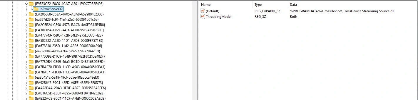 Regedit showing the CrossDevice CLSID InprocServer32 pointing to C: