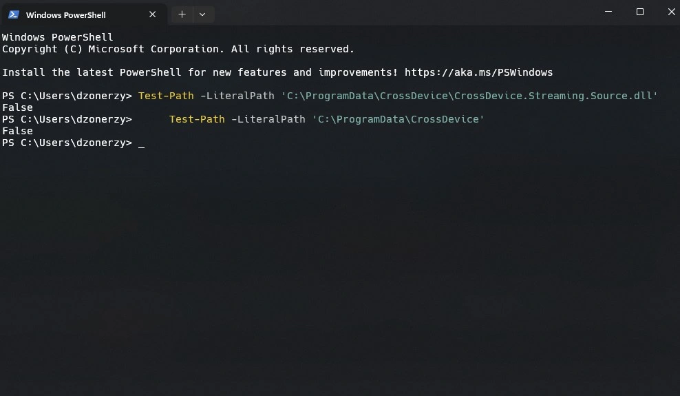 Test-Path showing the CrossDevice DLL is missing