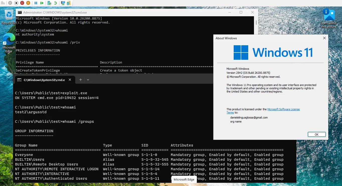 Console showing the exploit output OK SYSTEM cmd.exe
