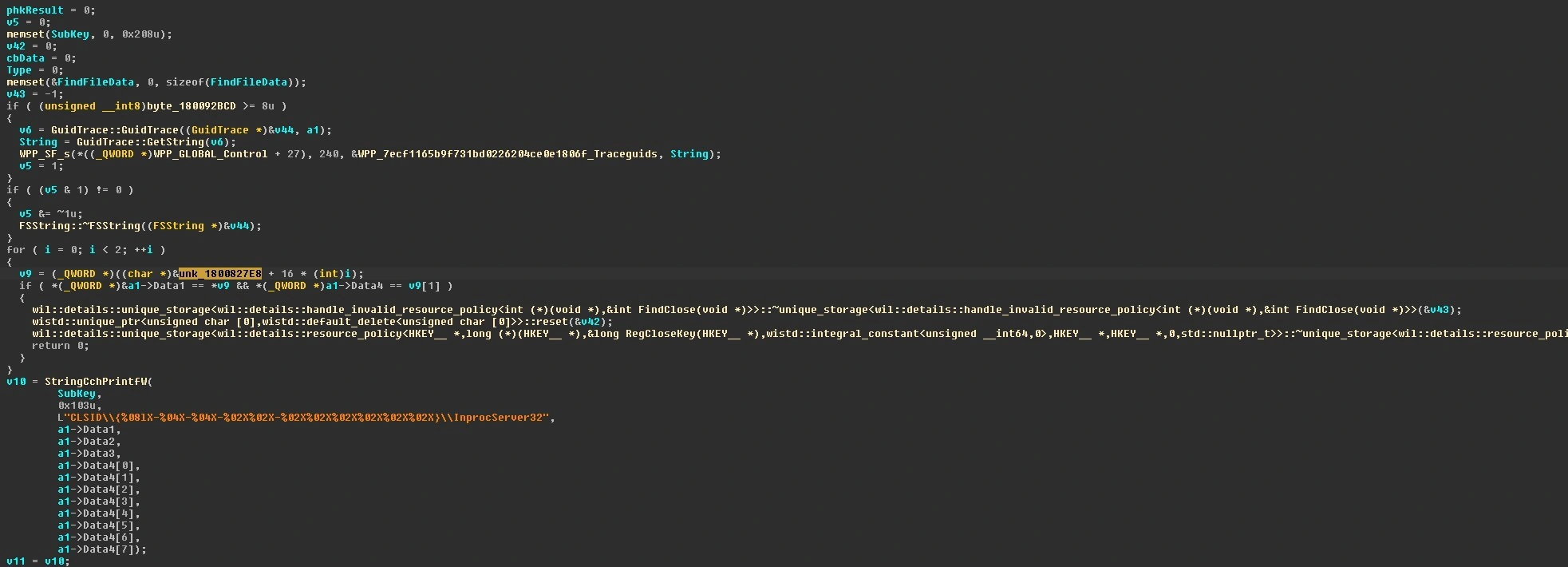 Decompiler view of VerifyCOMServerByClsid in mfsensorgroup.dll